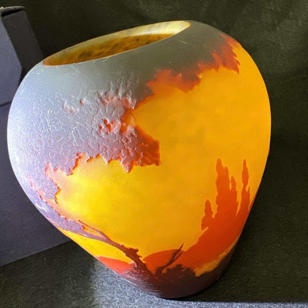 19世紀フランス　異色ガラス　酸化腐食彫花入　箱付　東Y8-0205☆2Fトヒウ