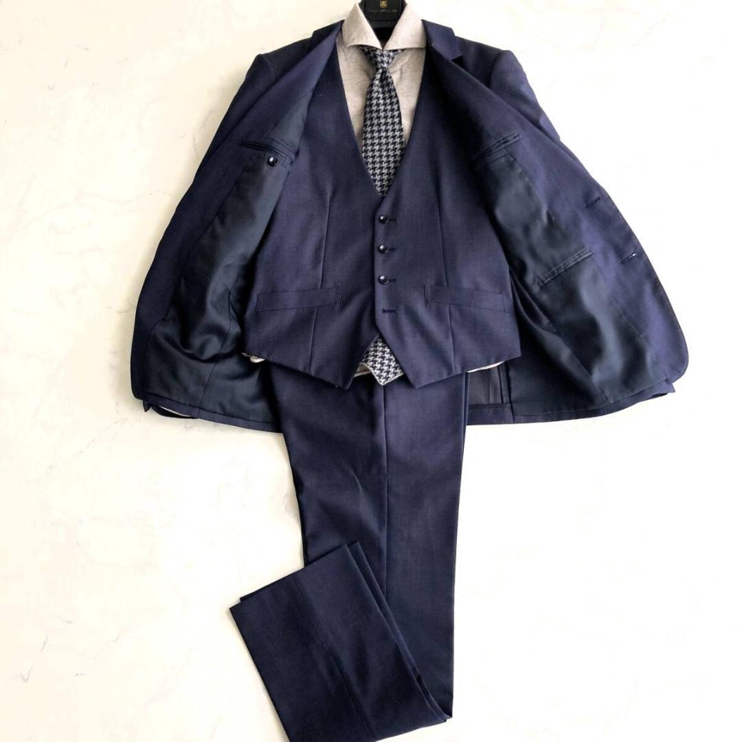 スリムＭ【美品】SUITSELECT スーツセレクト ネイビースリーピーススーツ