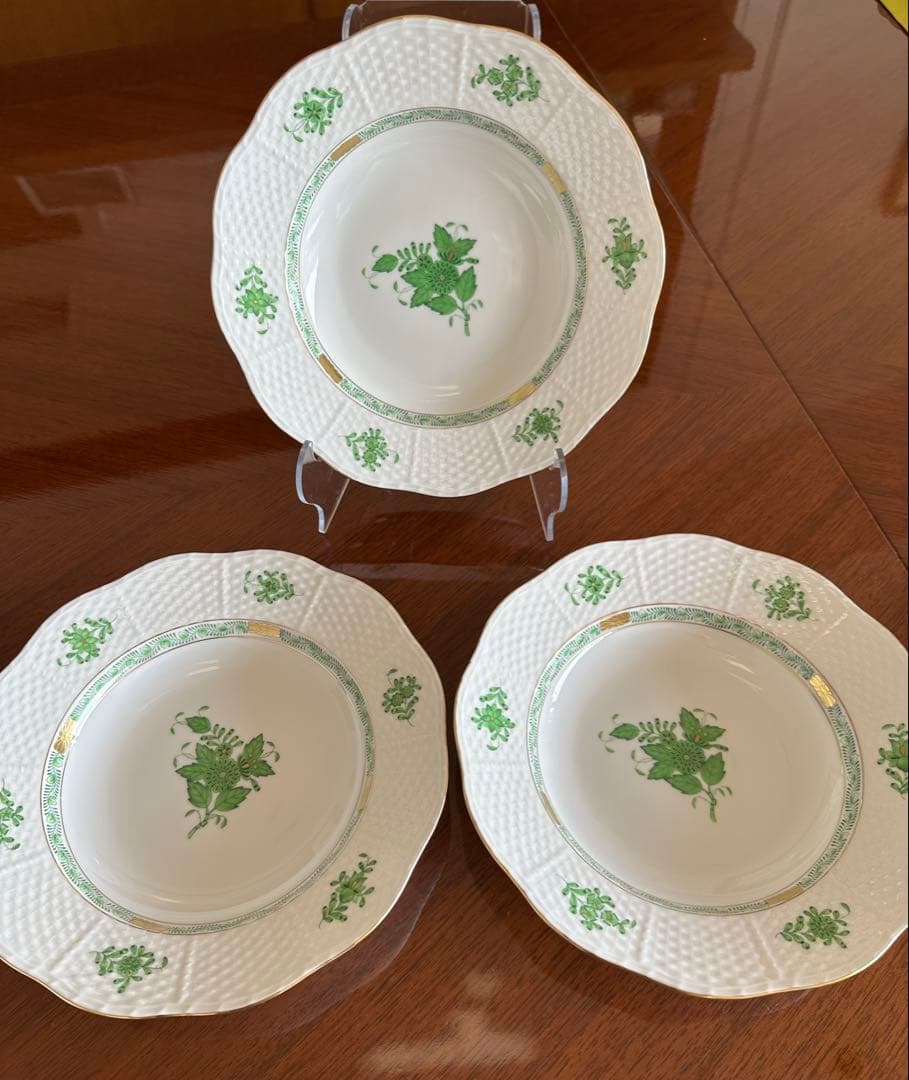 新品 ヘレンド　アポニーグリーン　中皿　スーププレート　約20.5cm ３枚