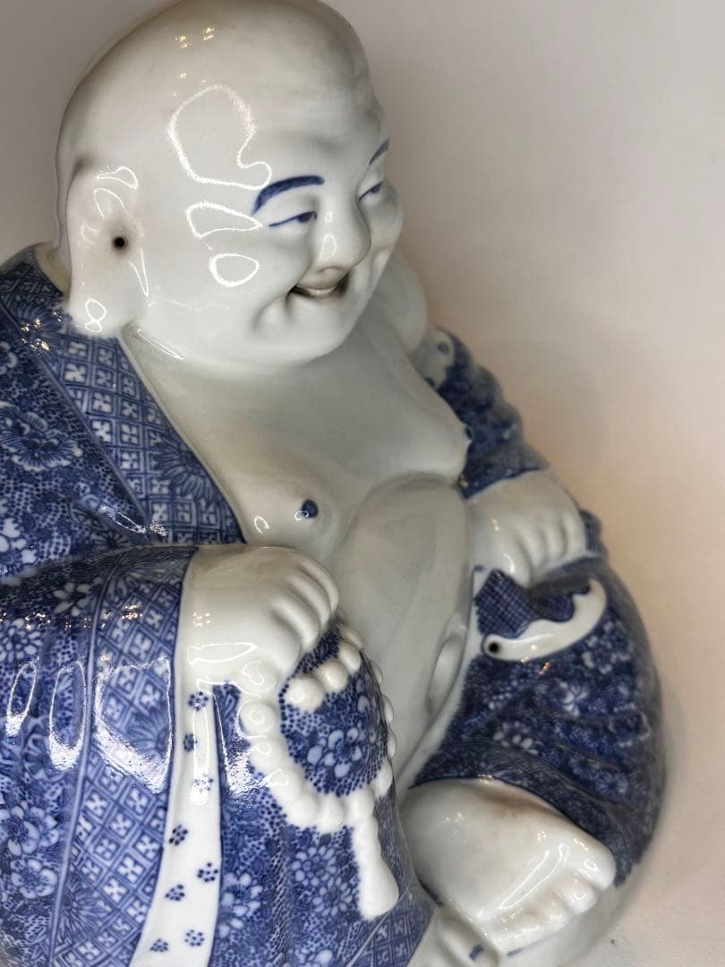 茂記生造　銘あり（底款）　青花染付　陶製仏像　置物／観賞用　時代物