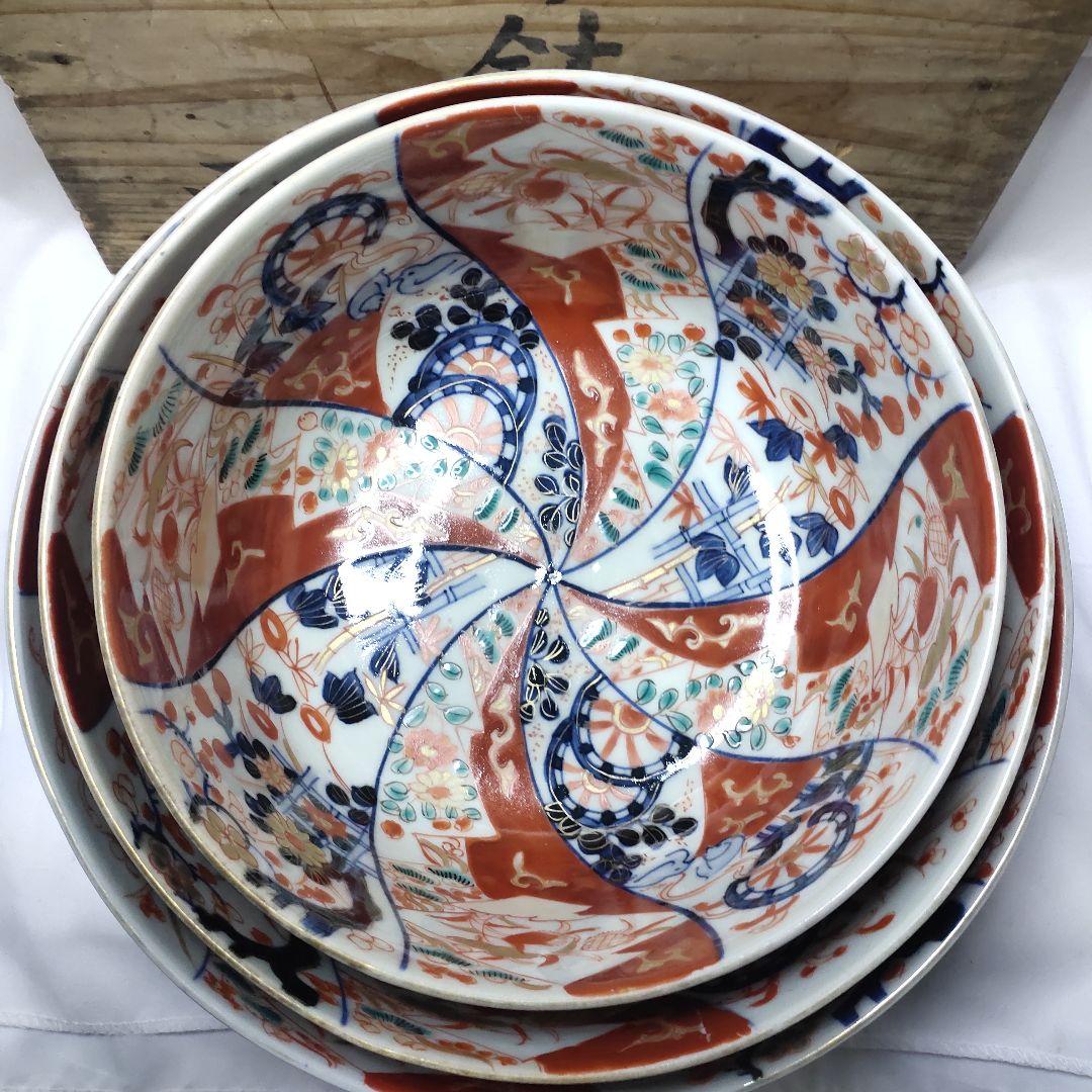 古伊万里焼 錦出三つ鉢 色絵金彩 手書き 明治中期 アンティーク 古美術美品