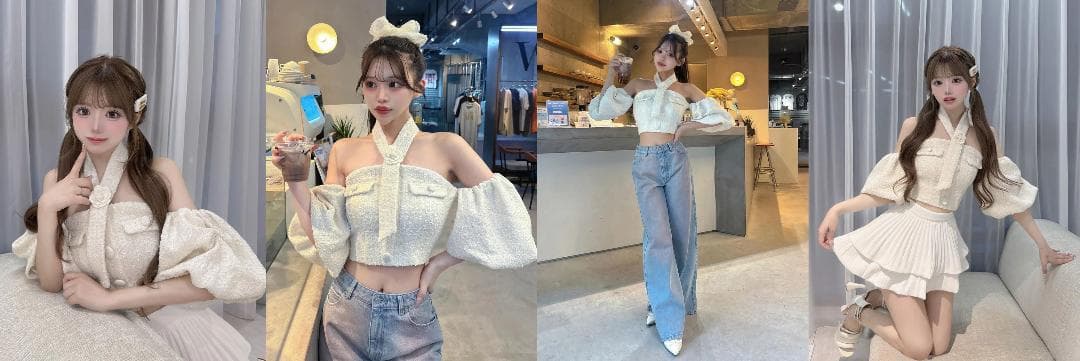 ダーリッチ darich ホルターネックオフショルツイードトップス ホワイト