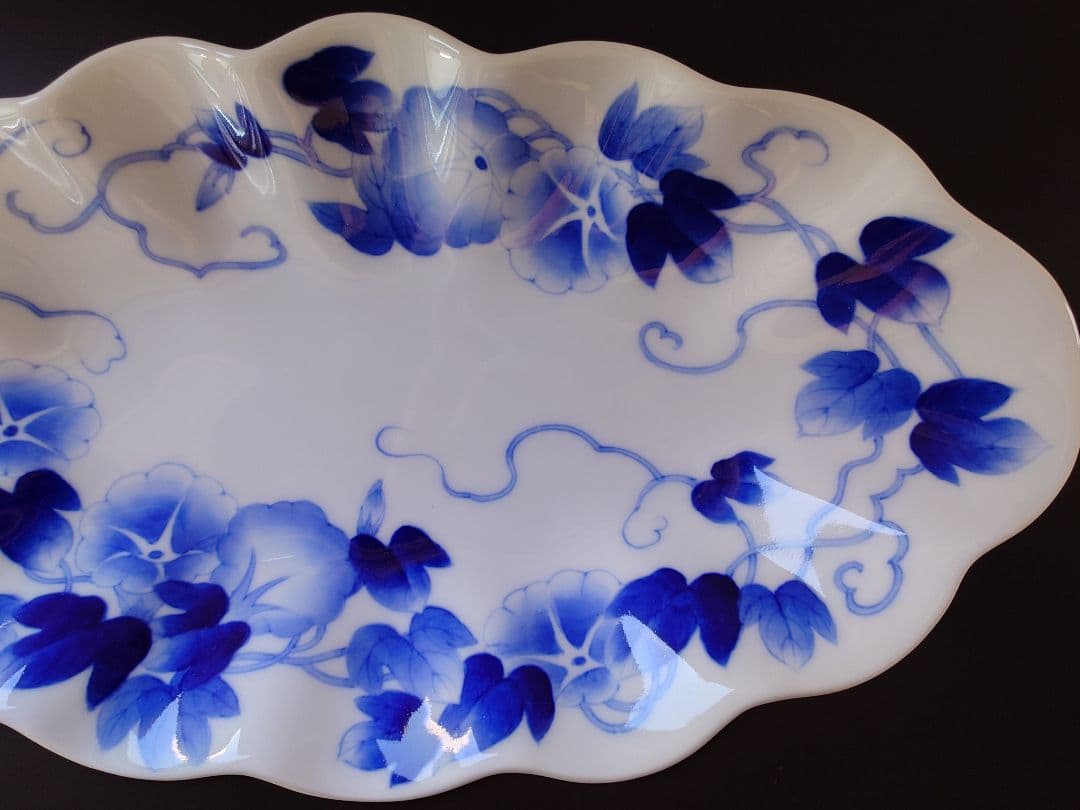 深川製磁　皿　深川ブルー染付け朝顔　明治意匠染付朝顔　工芸品