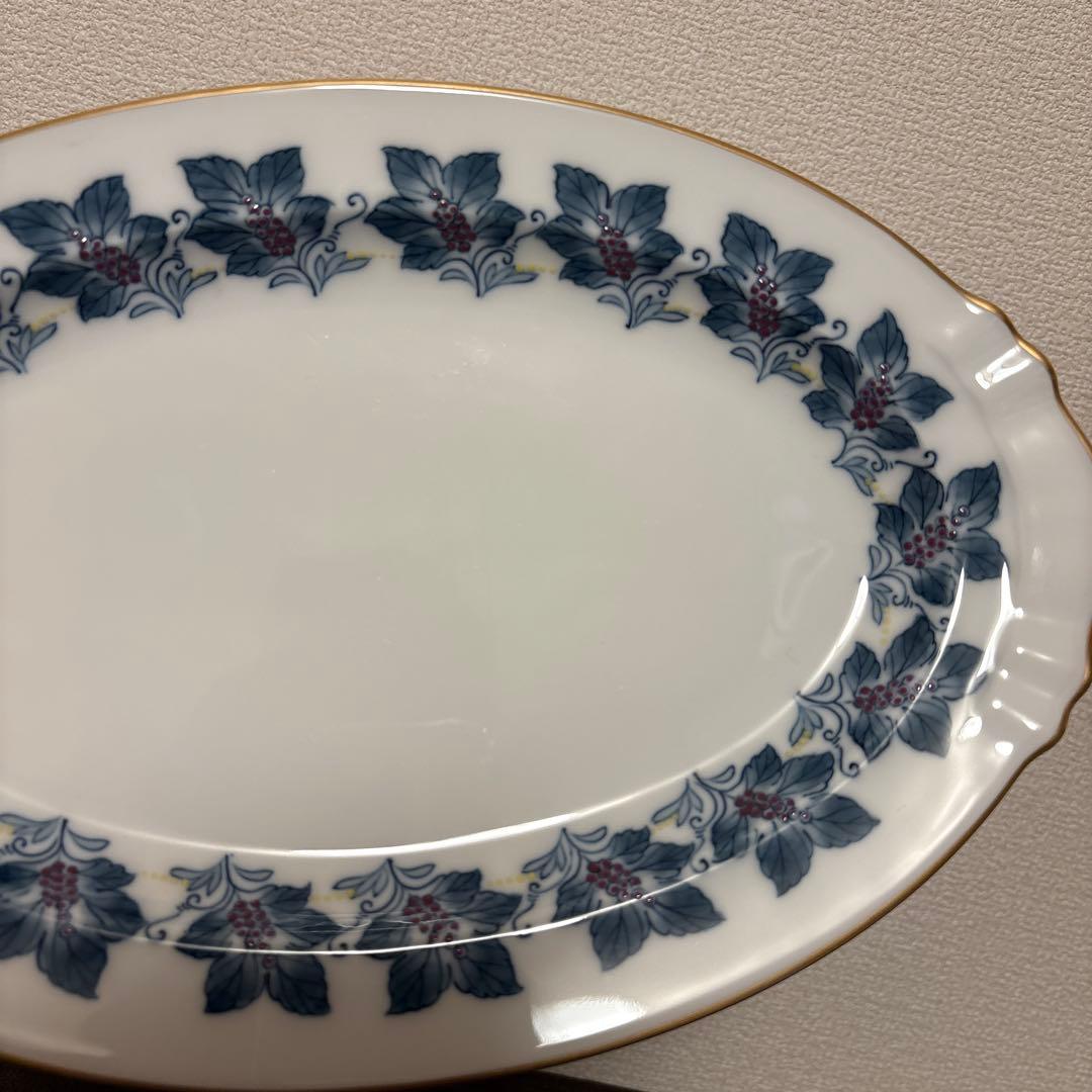 大倉陶園　金彩草花絵　呉須　手描き　オーバルプレート　Sサイズ　ディナープレート