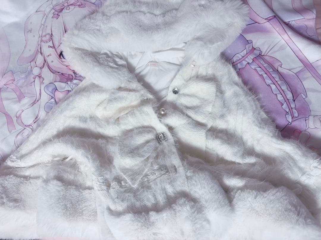 LIZLISA ダブルリボンニットファーポンチョ ホワイト