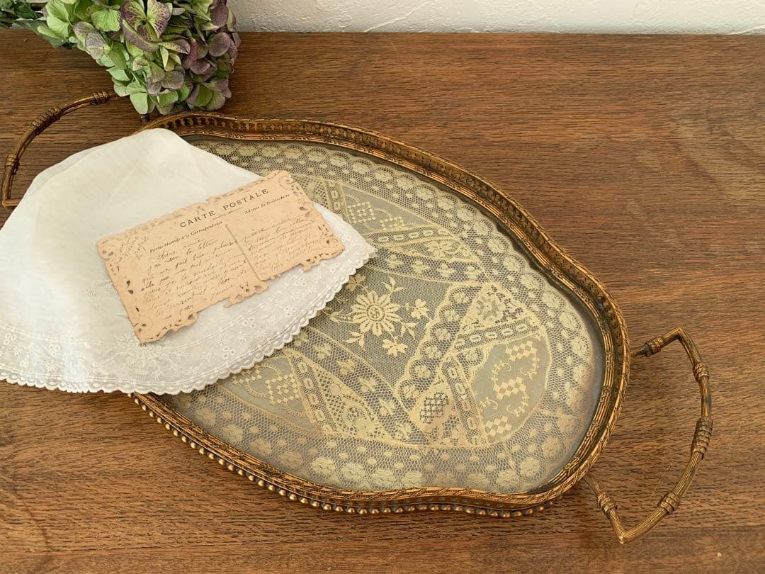 訳あり　フランスアンティーク　トレー　レース　ブロカント
