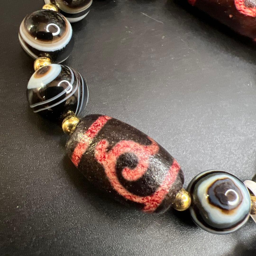 高包漿 辰砂供 グリーンタラと結晶質縞瑪瑙 線天珠 天眼石 ブレスレット