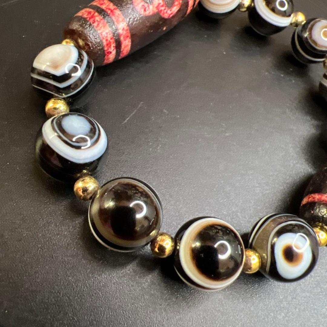 高包漿 辰砂供 グリーンタラと結晶質縞瑪瑙 線天珠 天眼石 ブレスレット