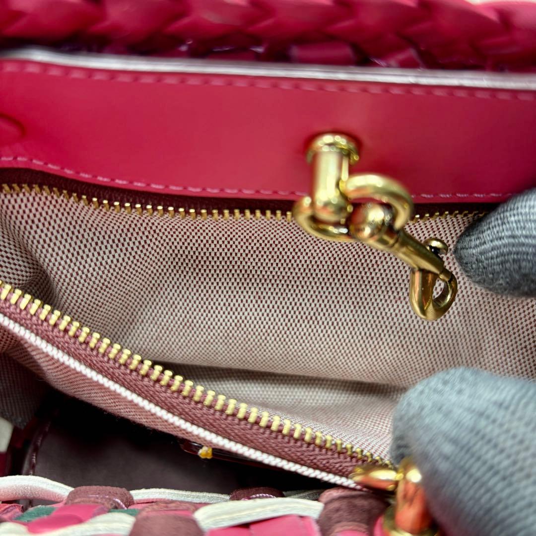 COACH コーチ ウーブントート ピンク 編み込みレザー かごバッグ