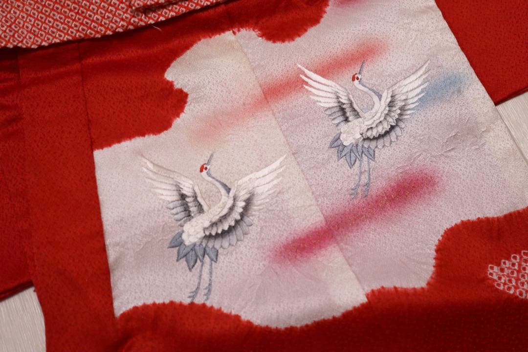 美品　正絹　総絞り　鶴　七五三　３歳　被布　セット　刺繍　産着
