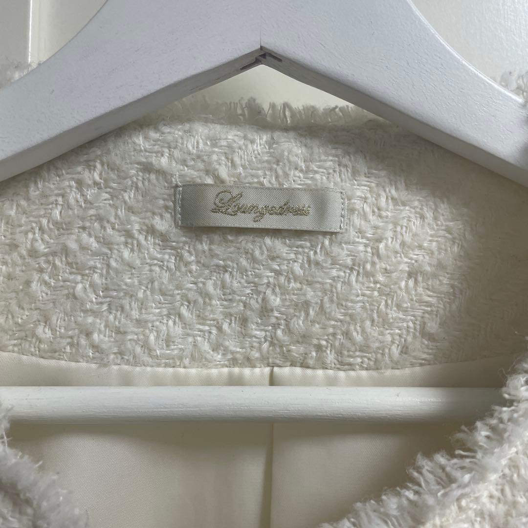 Lunaglass ホワイト ノーカラージャケット　ツイード　ジャケット