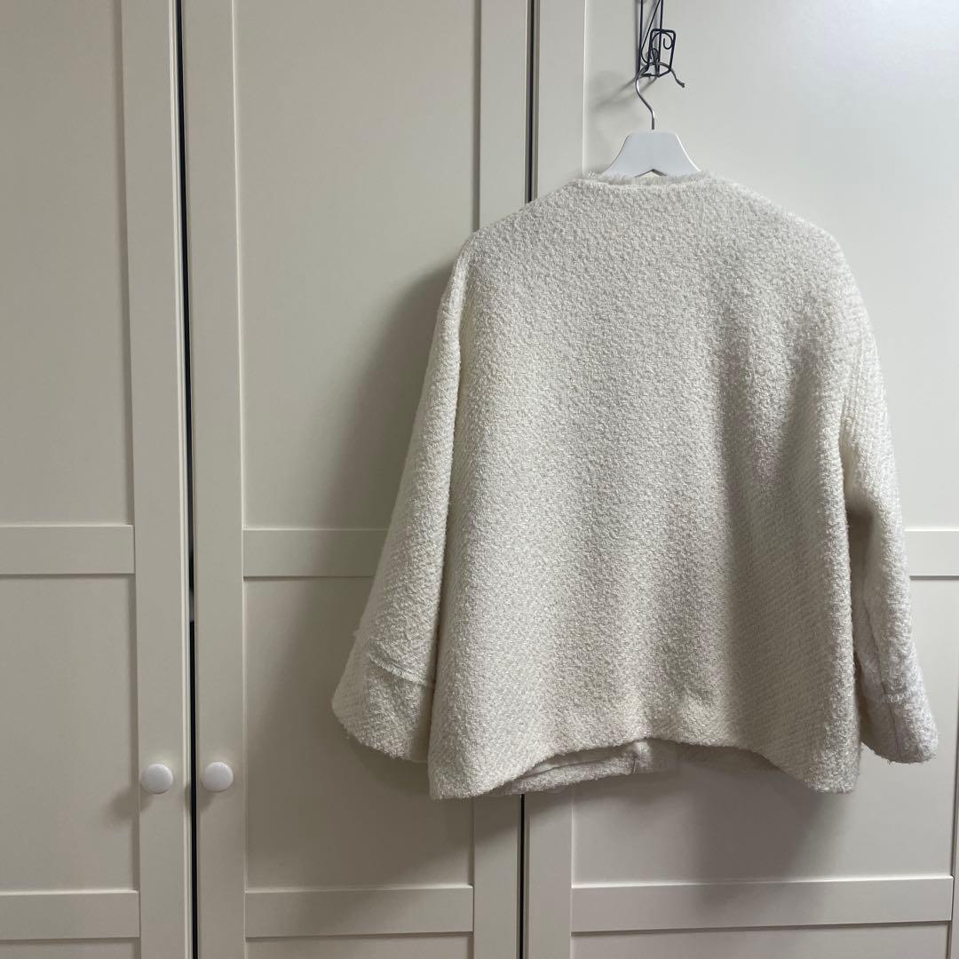 Lunaglass ホワイト ノーカラージャケット　ツイード　ジャケット